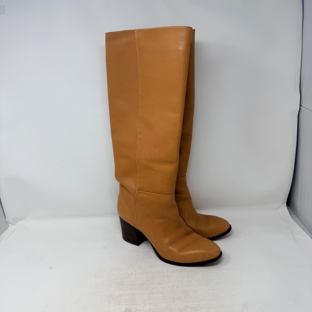 J. Crew Tan Leather Tall Knee High Block Heel Boots Almond Toe Size 8 Minimalist